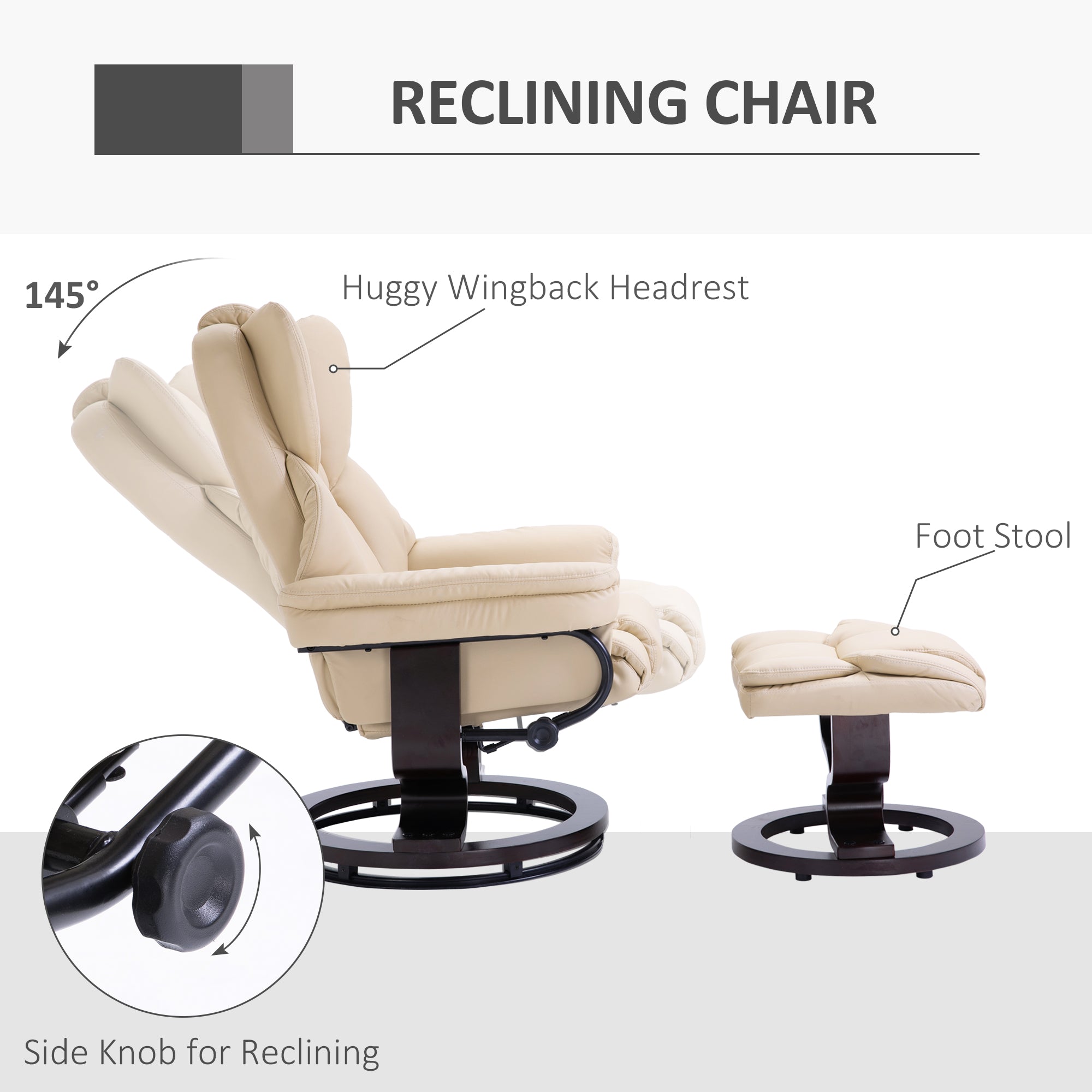 HOMCOM 360° Swivel Recliner Chair with Footstool, PU Leather Manual Recliner Armchair with Solid Wood Base, Upholstered Reclining Chair for Living Room, Bedroom, Office, Cream